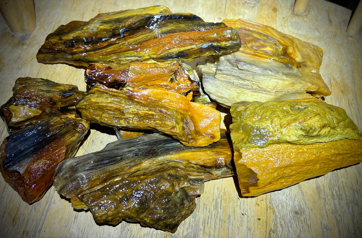 Fire Opal Roots 4.5 Pound Opalized Tree Root Parcel - 8 Vibrant Pieces - Yellow & Orange Lapidary Rough or Display